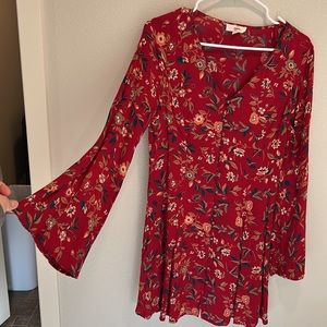 Bell Sleeve Floral Mini Dress with Button-down front